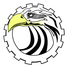 Logo Mecha Falcons: hlava sokola v ozubeném kole